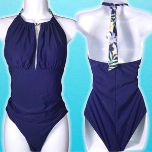 Dark Blue Swimsuit Swimming Halter Fly Rap Tie Neck Ruched Sides Size L